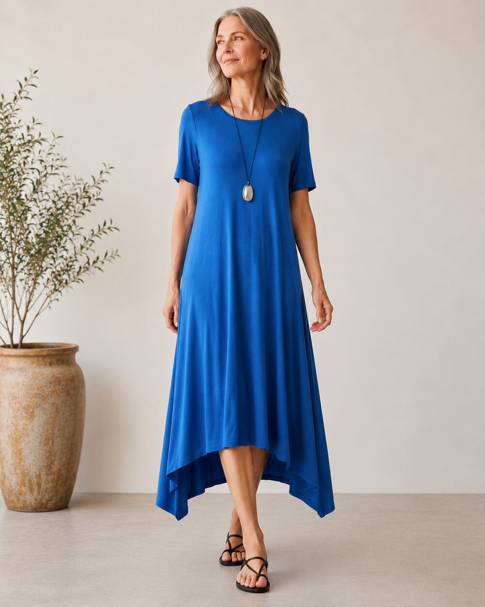 Eileen Fisher SZ S Lightweight Viscose Jersey Asymmetrical A-Line Dress Nile